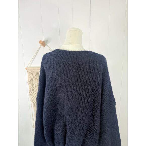 Zara Stretch Wool Blend V Neck Sweater Size Large Navy Blue Oversized Slouchy - Picture 7 of 9